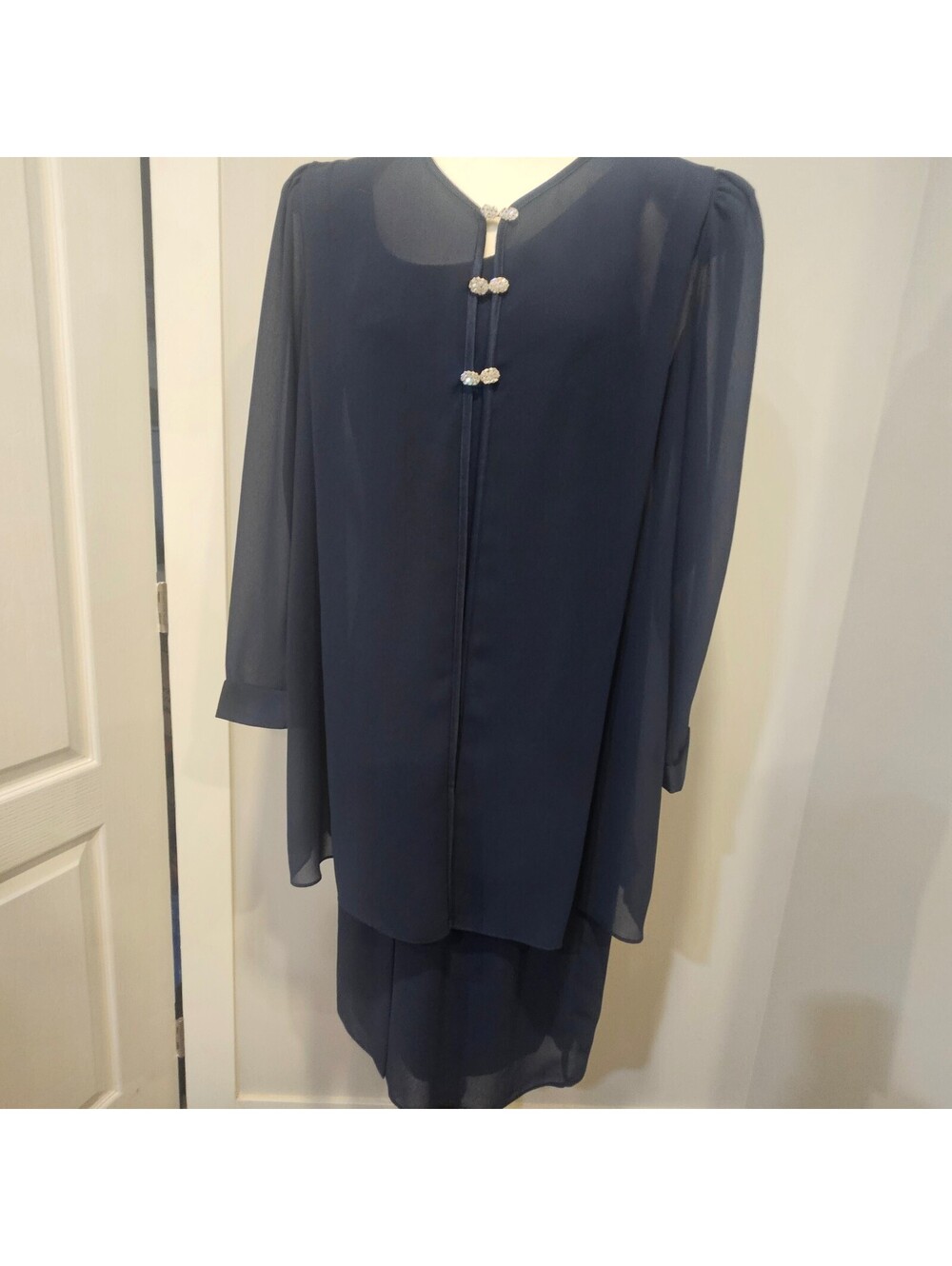 Vintage Formal Chiffon Dress & Jacket Set Navy Rhinestone Clasp Cocktail READ